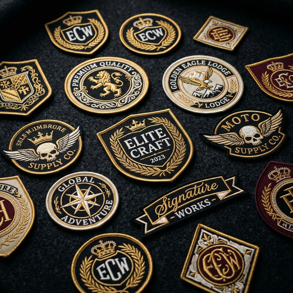Custom embroidered patches on dark fabric